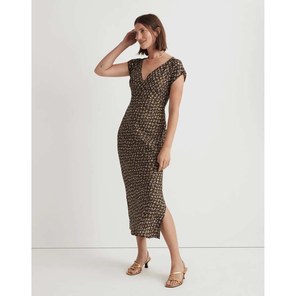 Madewell Wide V-Neck Midi Dress‎ 14 Expedition Green Ditsy Floral Romantic Cupro